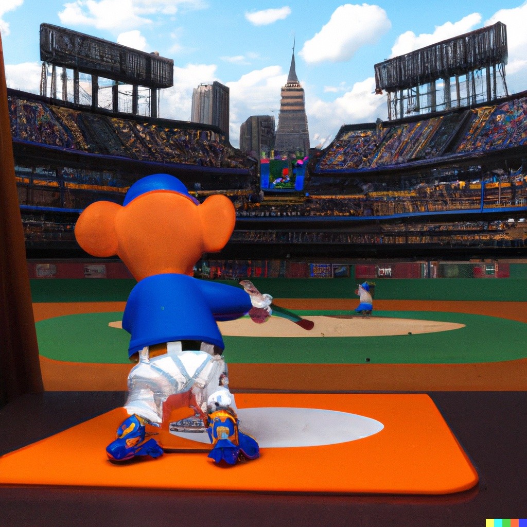 A realistic digital artwork using the animation style of The Simpsons of a mouse in a new york mets uniform who is getting ready to hit a ball